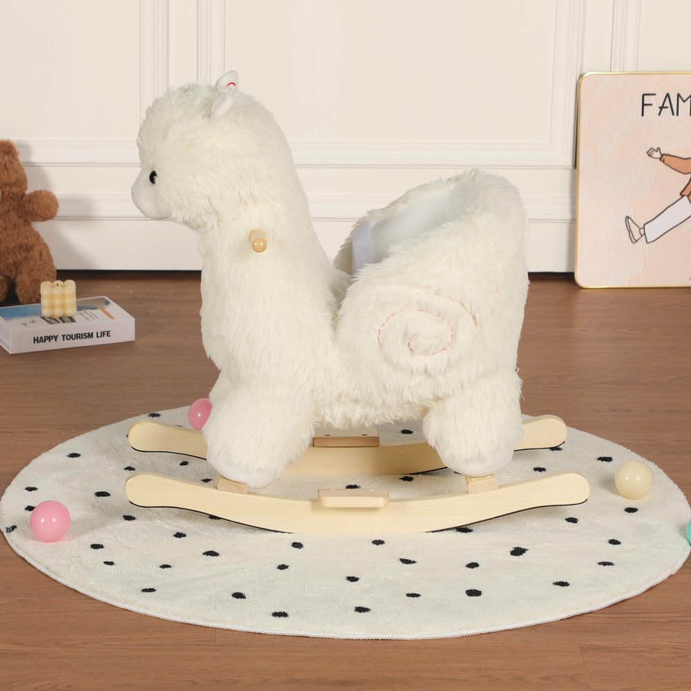 Gecheer Kids Rocking Horse Toy with Lullaby Sound, Soft Plush Alpaca Design, Safety Belt & Hand Puppets for Toddlers 1-3 Years, White, CPC Certified