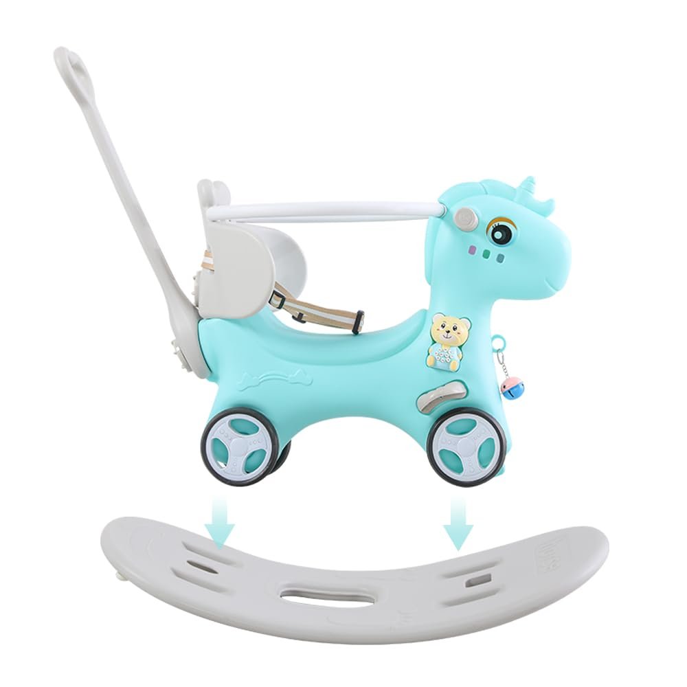 Gecheer Rocking Horse for Toddlers 1-3 Years 4-in-1 Ride-On Toy with Push Handle, Adjustable Backrest, Balance Board & Sound Button Blue Unicorn Design