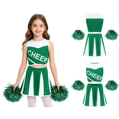 JEATHA Kids Sleeveless Cheer Printed Cheerleading Outfit Halloween Dress Up Party Wear Sports Day for Dance Green 11-14 Years