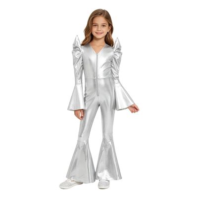 JEYPINMI Kids Shiny Metallic One Piece Jumpsuit Long Flare Sleeve Retro Dance Outfit Hippie Star Dress-up Wear Silver 8 Years
