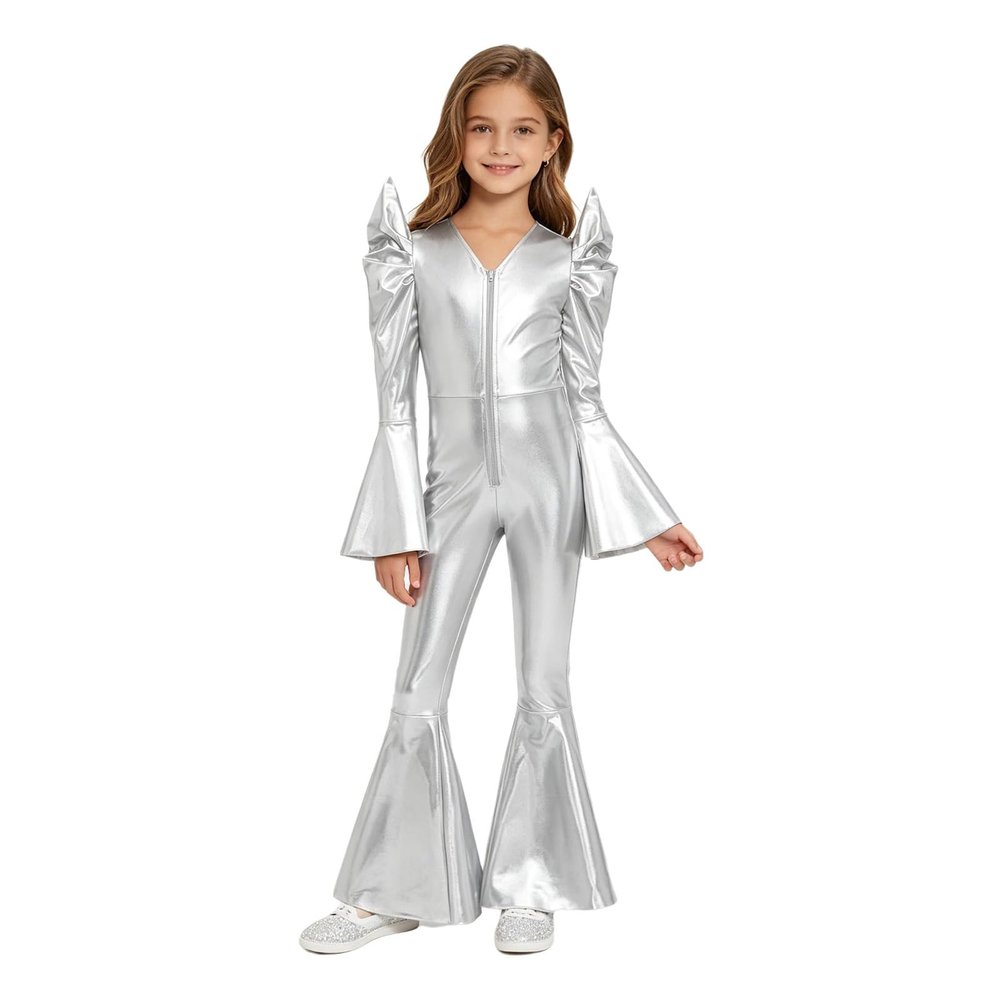 JEYPINMI Kids Shiny Metallic One Piece Jumpsuit Long Flare Sleeve Retro Dance Outfit Hippie Star Dress-up Wear Silver 8 Years