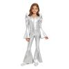 JEYPINMI Kids Shiny Metallic One Piece Jumpsuit Long Flare Sleeve Retro Dance Outfit Hippie Star Dress-up Wear Silver 8 Years view 1