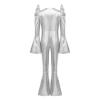 JEYPINMI Kids Shiny Metallic One Piece Jumpsuit Long Flare Sleeve Retro Dance Outfit Hippie Star Dress-up Wear Silver 8 Years view 4