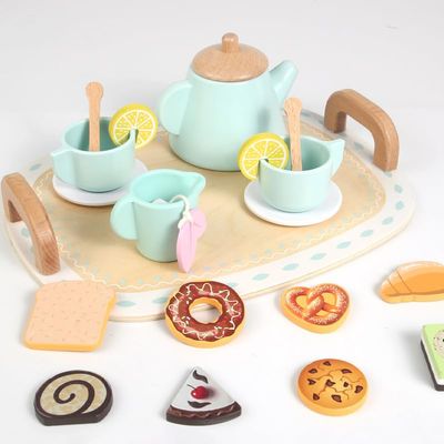 Wooden Afternoon Tea Set for Kids, 20 Piece Pretend Play Tea Party Set with Teapot, Cups, Pastries and Serving Tray, for 2