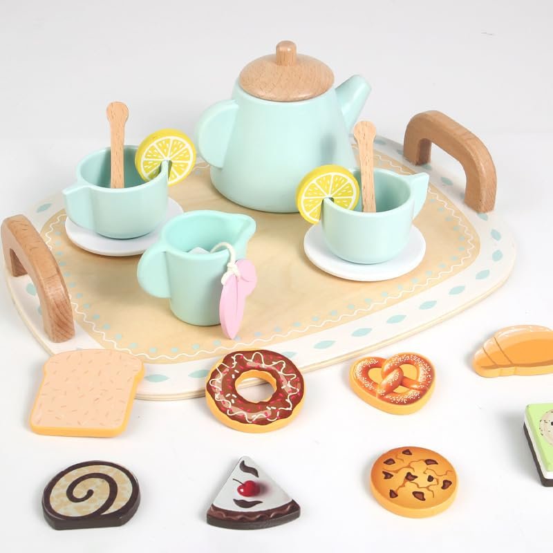 Wooden Afternoon Tea Set for Kids, 20 Piece Pretend Play Tea Party Set with Teapot, Cups, Pastries and Serving Tray, for 2