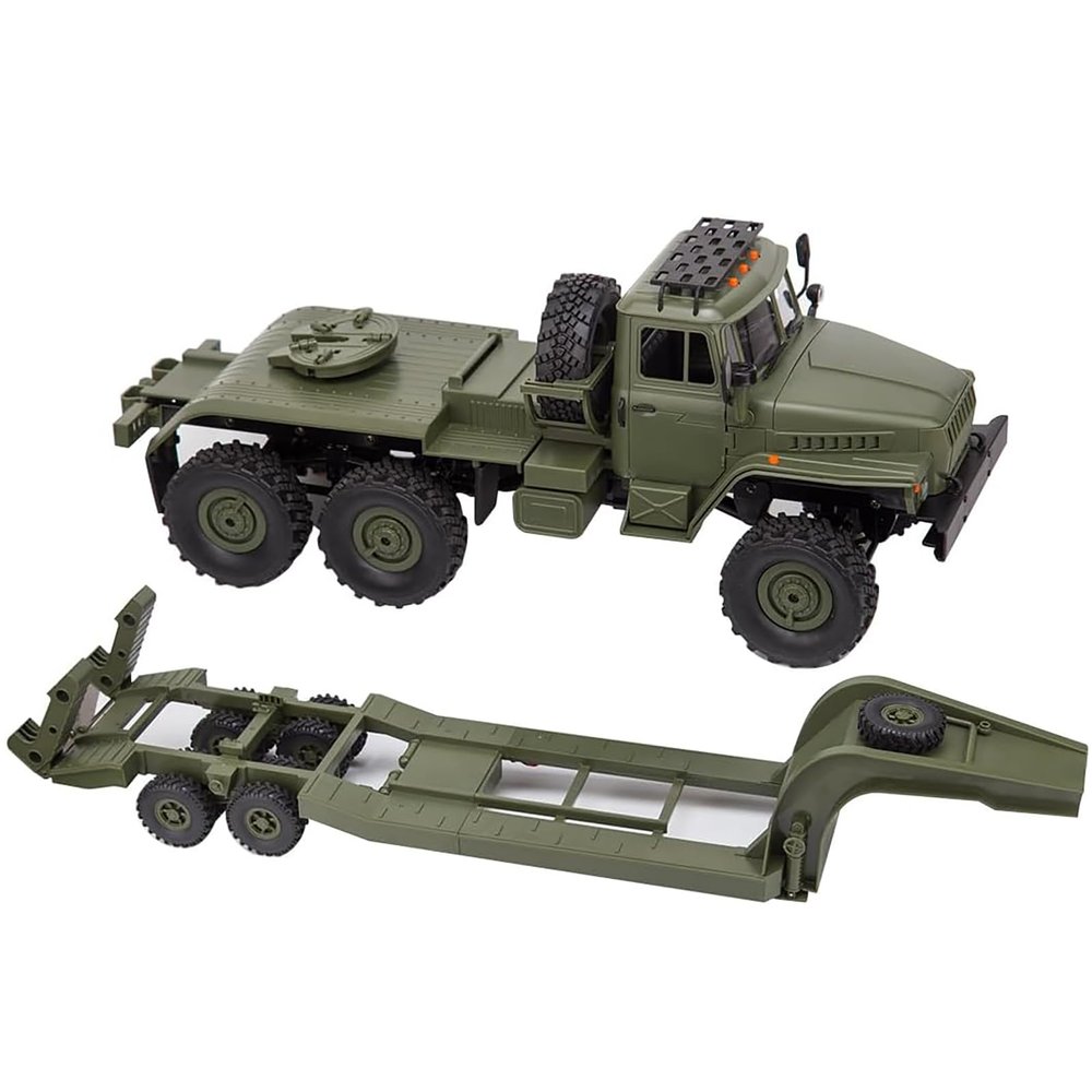 1/16 Scale RC Military Transport Truck with Trailer, RC Flatbed Trailer, 6-Wheel Drive Off-Road RC Truck with LED Headlights for Adults