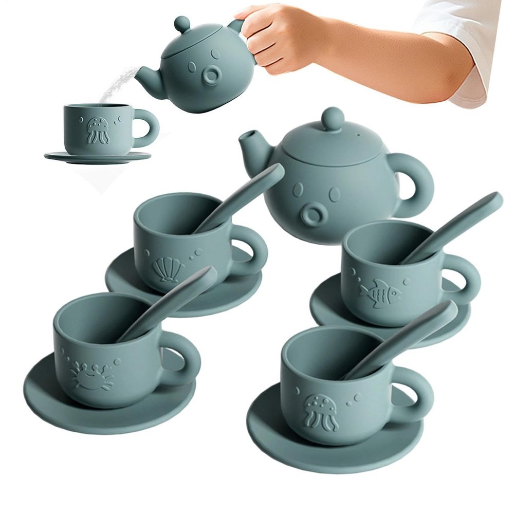Flexible Toy Teaset, Soft Playware Tea Set, 4.3x2.7 Inches Teapot with Snug Lid, Silicone Pitcher, Pastel Cup with Handle Design, Activity Kit for Birthday Parties