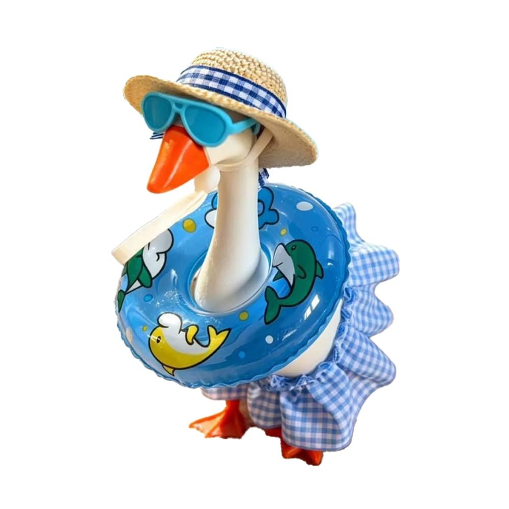 Summer Bikini Desk Goose Outfits, 7 Inch Mini Desktop Goose Clothes with Straw Hat, Sunglasses & Swim Ring, Hawaiian Cute Funny Geese Costume Accessories for Magnetic Geese Party Table Decor (Blue)