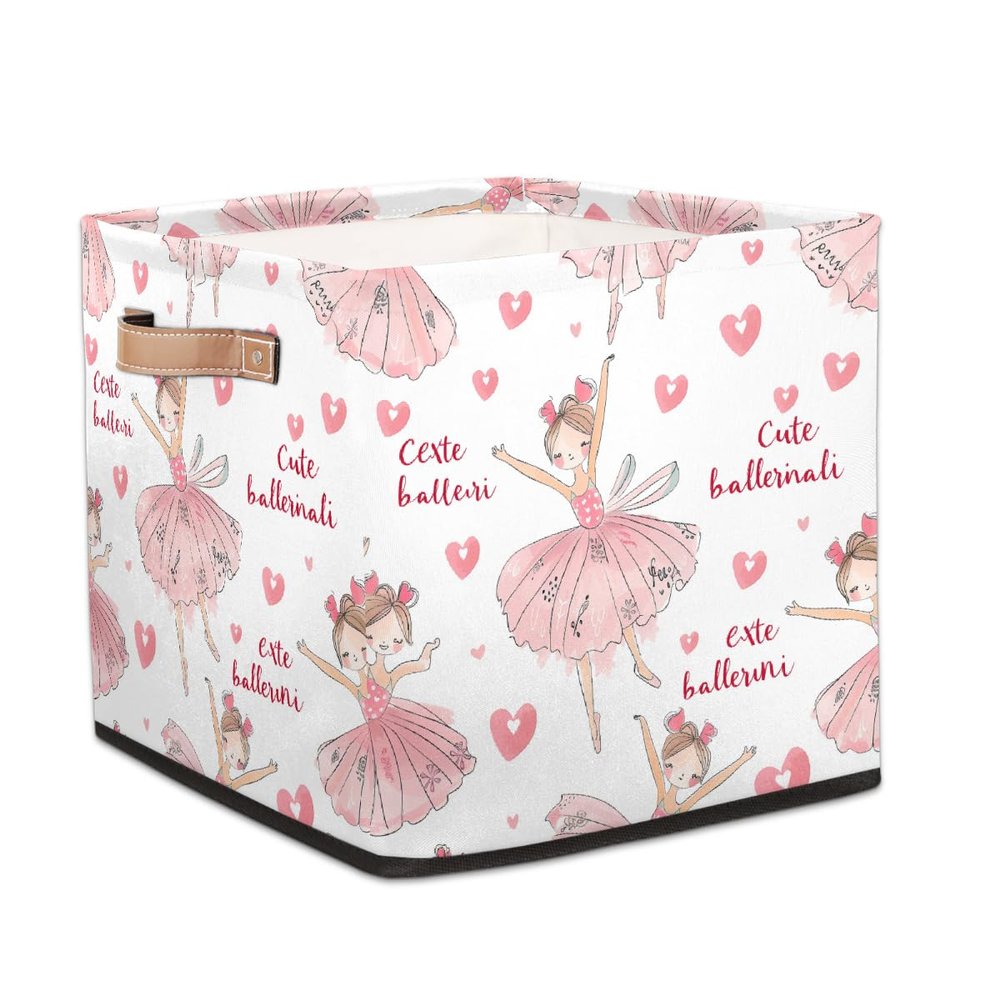 GeMeFv Square Nursery Hamper Storage Bins Canvas Laundry Basket Foldable Organizing Fabric Bins with Handles, Toys Books Clothes Storage Baskets(Cute Ballerina Pink)