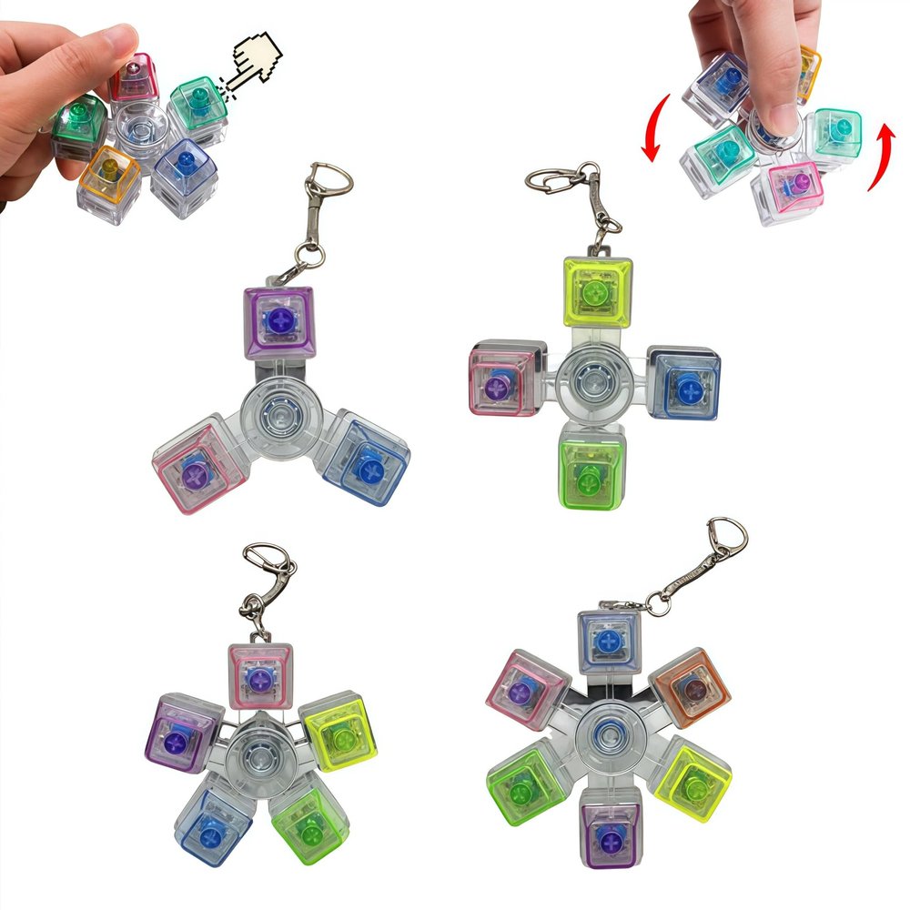 4Pcs Clear Mechanical Switch Fidget Keychain Set, 3-6 Key Transparent Push Button Clicker & Spinner, LED Light-Up Stress Relief Keyring, Adult EDC Car Bag Charm GiftRandom Color (Light)