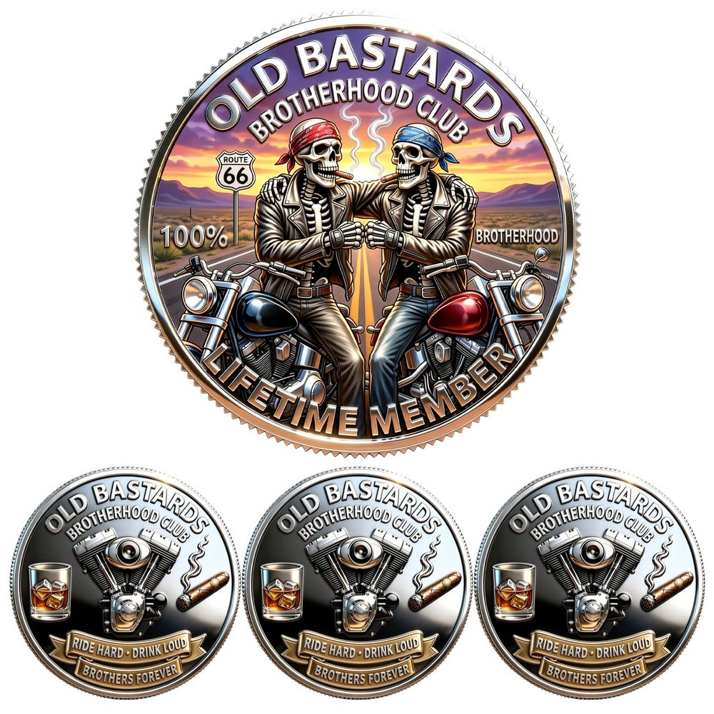 Brotherhood Ride Coin, Old Bastards Brotherhood Club Challenge Coin, Skeleton Motorcycle Riders Lifetime Member Collectible Coin for Motorcycle Lovers, Riders Lovers, Biker Club Members (3pcs)