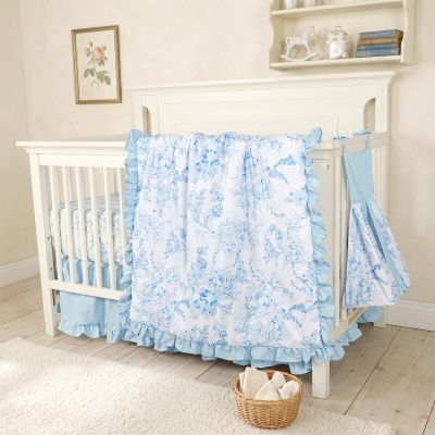 DILIMI Crib Bedding Set for Girls, Ruffled Floral Crib Comforter Set, 4 Pieces Soft Nursey Bedding Set Including Quilt, Crib Sheet, Ruffle Crib Skirt, Diaper Stacker, Blue Flower