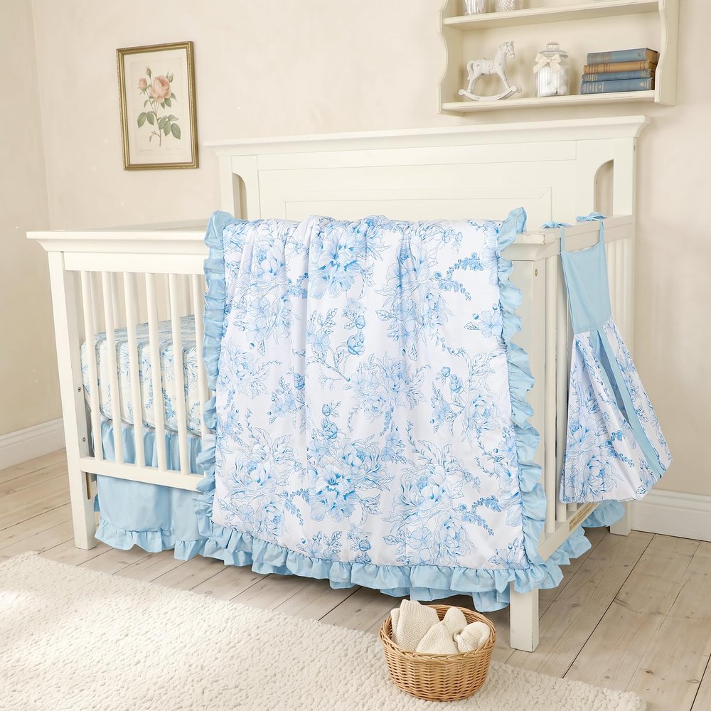 DILIMI Crib Bedding Set for Girls, Ruffled Floral Crib Comforter Set, 4 Pieces Soft Nursey Bedding Set Including Quilt, Crib Sheet, Ruffle Crib Skirt, Diaper Stacker, Blue Flower