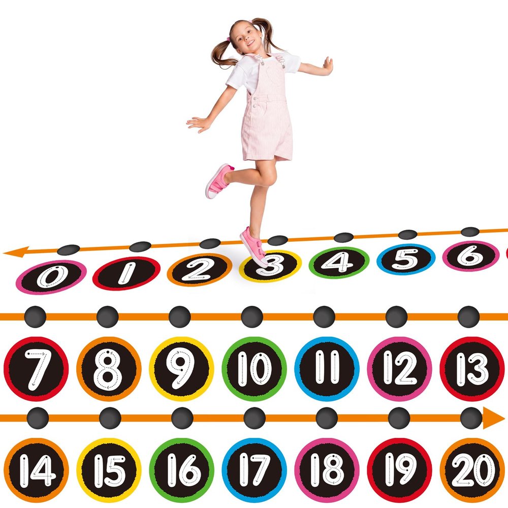 66 Pcs 22 ft Extra Large Number Line for Classroom Floor 7" Line up Number Sticker Learning Tool with Digit Floor Mat Math Learning Poster for Back to School Classroom Home Student(Black,Round)