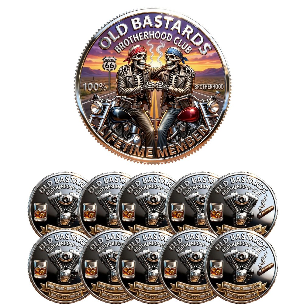 Brotherhood Ride Coin, Old Bastards Biker Challenge Coin, Motorcycle Club Commemorative Medal, Ride Hard Drink Loud Brotherhood Gift for Riders (10PCS)
