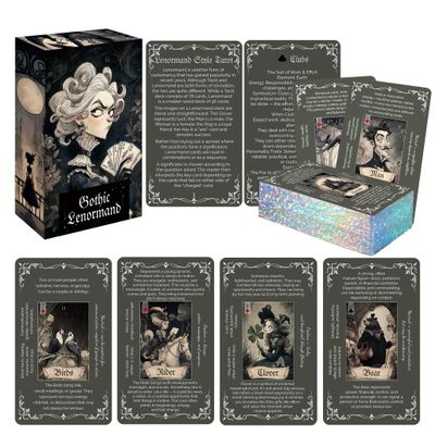 Qymagicz Gothic Lenormand Tarot Cards for Beginners 36 Lenormand Deck with Meanings on Them, 4 Exclusive Guide Cards, Dark Vintage Gothic Style Oracle Deck, Starlight Silver Foil Edges