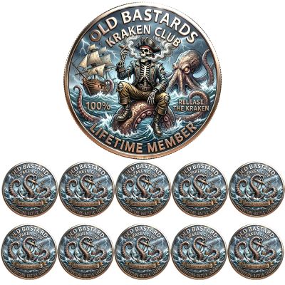 Old Bastards Kraken Club Challenge Coin, Old Bastards Never Sink Coin, Skeleton Pirate Lifetime Member Coin, Release the Kraken Collectible Coin for Pirate, Veterans, Bikers, Whiskey Lovers (10pcs)