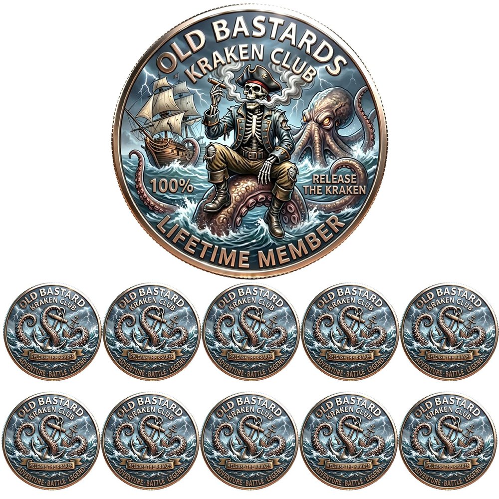 Old Bastards Kraken Club Challenge Coin, Old Bastards Never Sink Coin, Skeleton Pirate Lifetime Member Coin, Release the Kraken Collectible Coin for Pirate, Veterans, Bikers, Whiskey Lovers (10pcs)