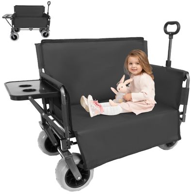 RockRain 3-in-1 Collapsible Wagon Converts to Bench with Foldable Tabletop, 500lbs Heavy Duty Folding Wagon Cart for Family Park Picnic: 180L Storage Cools Down Items, Cup Holders - All-Terrain Wheels