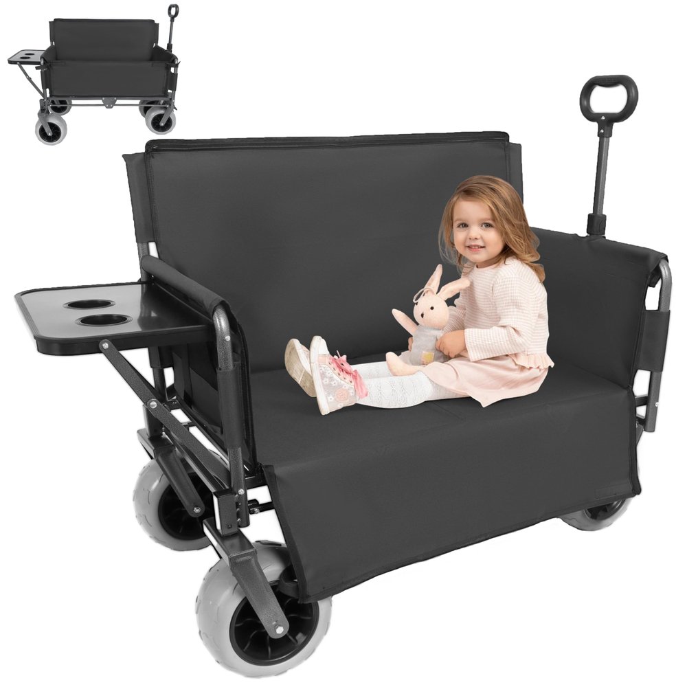 RockRain 3-in-1 Collapsible Wagon Converts to Bench with Foldable Tabletop, 500lbs Heavy Duty Folding Wagon Cart for Family Park Picnic: 180L Storage Cools Down Items, Cup Holders - All-Terrain Wheels