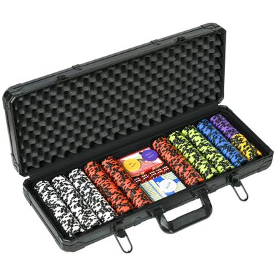 Hoursun 500 Pcs 14g Clay Poker Chip Set with Aluminum Case 6 Denominations Casino Poker Chips Kit 2 Decks Cards Dealer Button & 5 Dice for Texas Hold'em Blackjack Gambling Games