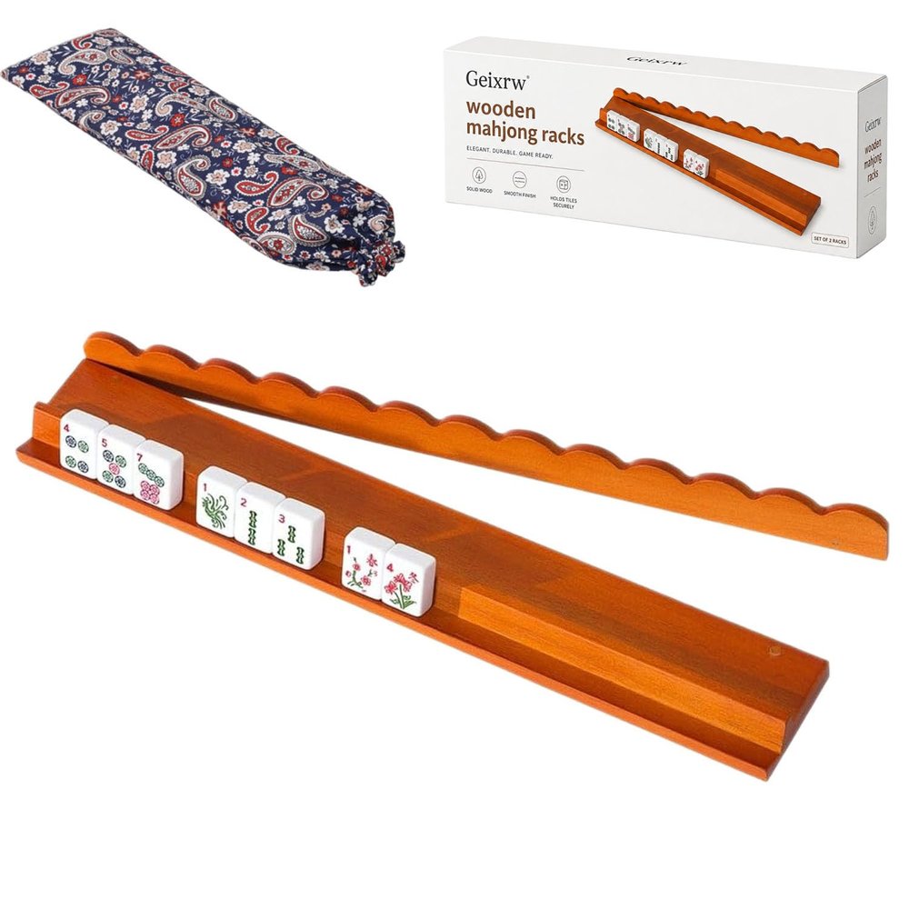 Geixrw Wood Mahjong Racks with Magnetic Pushers, 17.5" 1/4set Classic Scalloped Wooden Mahjong Tile Holder with Storage Bag, All-in-One Tile Rack for American Mahjong (1pcs)