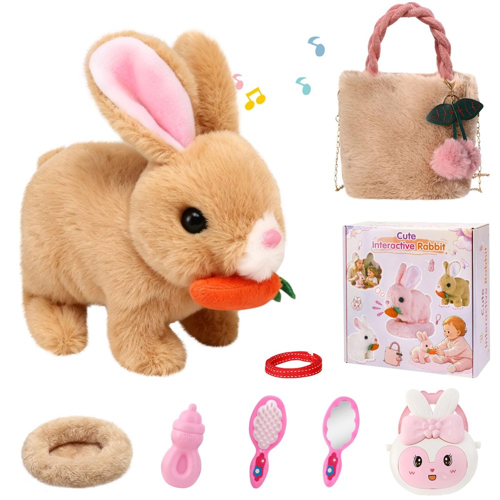 Interactive Hopping Bunny Playset, 8-Piece Pretend Care Kit with Leash, Comb, Mirror, Bottle, Handbags, Nest & Carrot, Animated Walking Rabbit with Wiggle Ears & Sounds, Toy Gift for Toddlers, 7"Brown