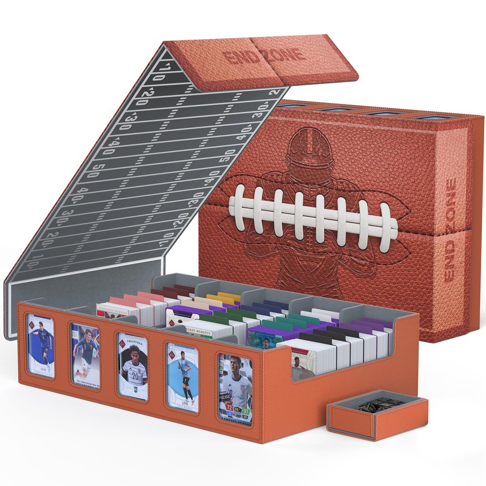 Kabinka Football Card Storage Box with Window Display, 5-Row Sport Card Storage Box, 3900+ Card Deck Box for Football Sports Card TCG, 5 Top Loaders, 5 Stoppers, 48 Dividers, 1 Dice Tray(Football 1)