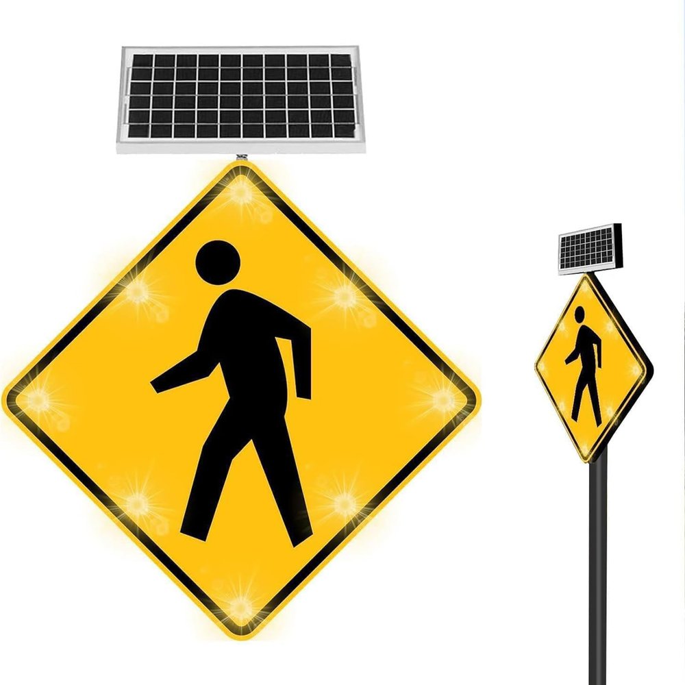 24"/30" Solar Pedestrian Crossing Warning Sign, Solar Powered Flashing Crosswalk Sign, LED Flashing Traffic Signs, Aluminum IP65 Waterproof Road Safety Indicator for School