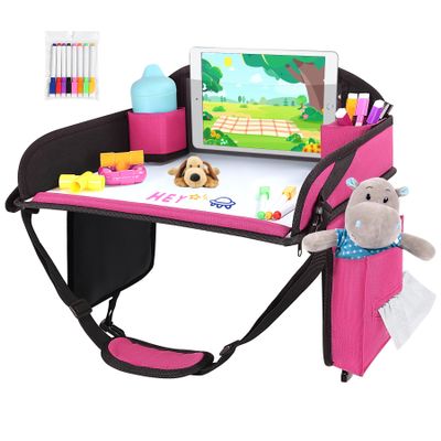 WENRENER Kids Travel Tray for Airplane - Car Seat Table Tray for Toddler, Road Trip Essentials for Kids with Dry Erase Board, Must Have Travel Lap Desk Accessories for Road Trip Activities