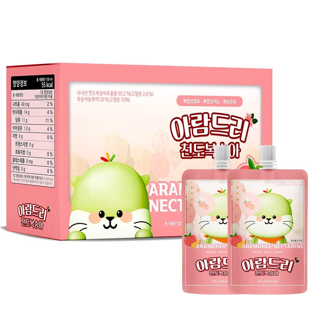ARAMDRI Kids Fruit Juice Pack 1 Box, 4.67 fl. oz. (138ml) x 10ea, Korean Nectarine Peach, Portable Pouches for Children's Outdoors Travel School Home Camping (Nectarine, 10 Pouch)