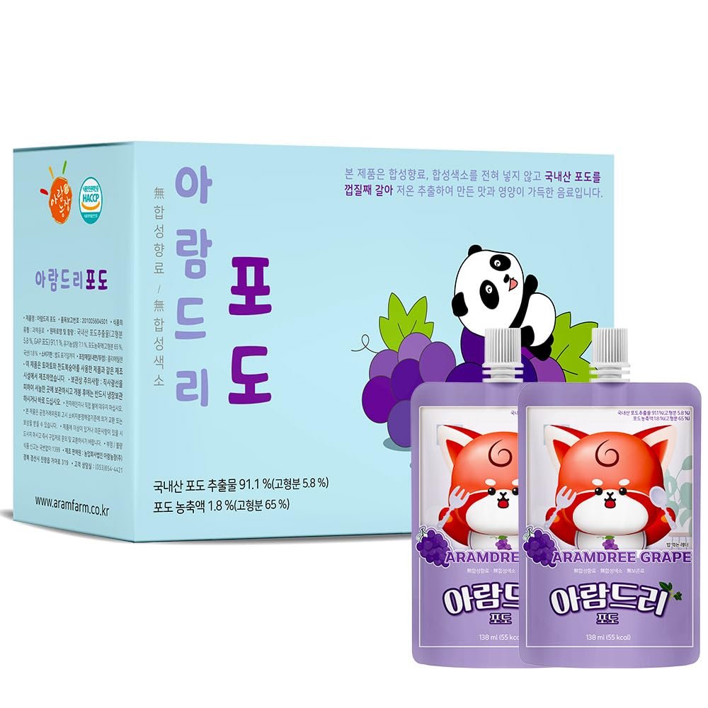 ARAMDRI Kids Fruit Juice Pack 1 Box, 4.67 fl. oz. (138ml) x 10ea, Korean Grape, Portable Pouches for Children's Outdoors Travel School Home Camping (Grape, 10 Pouch)