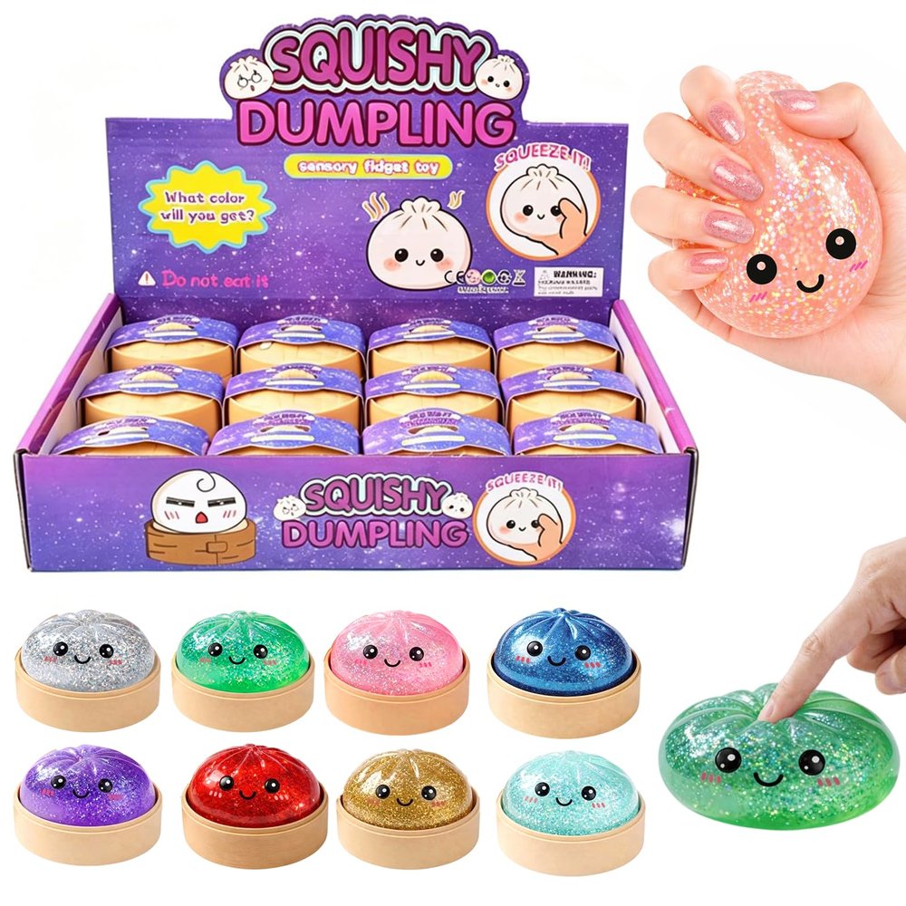 12PCS Dumpling Squishy Glitter, Mini Real Bun Mystery Dumplings Stress Relief Set Pack Box, Cute Dumpling Stress Balls Slow Rising Portable Desk Decor Party Favor Gifts for Adult (Smiling)