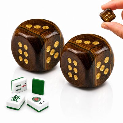 2PCS Natural Gemstone Dice, 16mm Crystal D6 Mahjong Dice Set Stone Dice for Games, Accessories, Tabletop Board Games, Casino Games, Craps, DIY Crafts, Spiritual Decor and Home DecorTiger's Eye