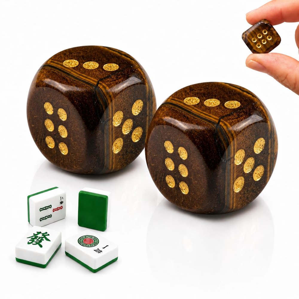 2PCS Natural Gemstone Dice, 16mm Crystal D6 Mahjong Dice Set Stone Dice for Games, Accessories, Tabletop Board Games, Casino Games, Craps, DIY Crafts, Spiritual Decor and Home DecorTiger's Eye