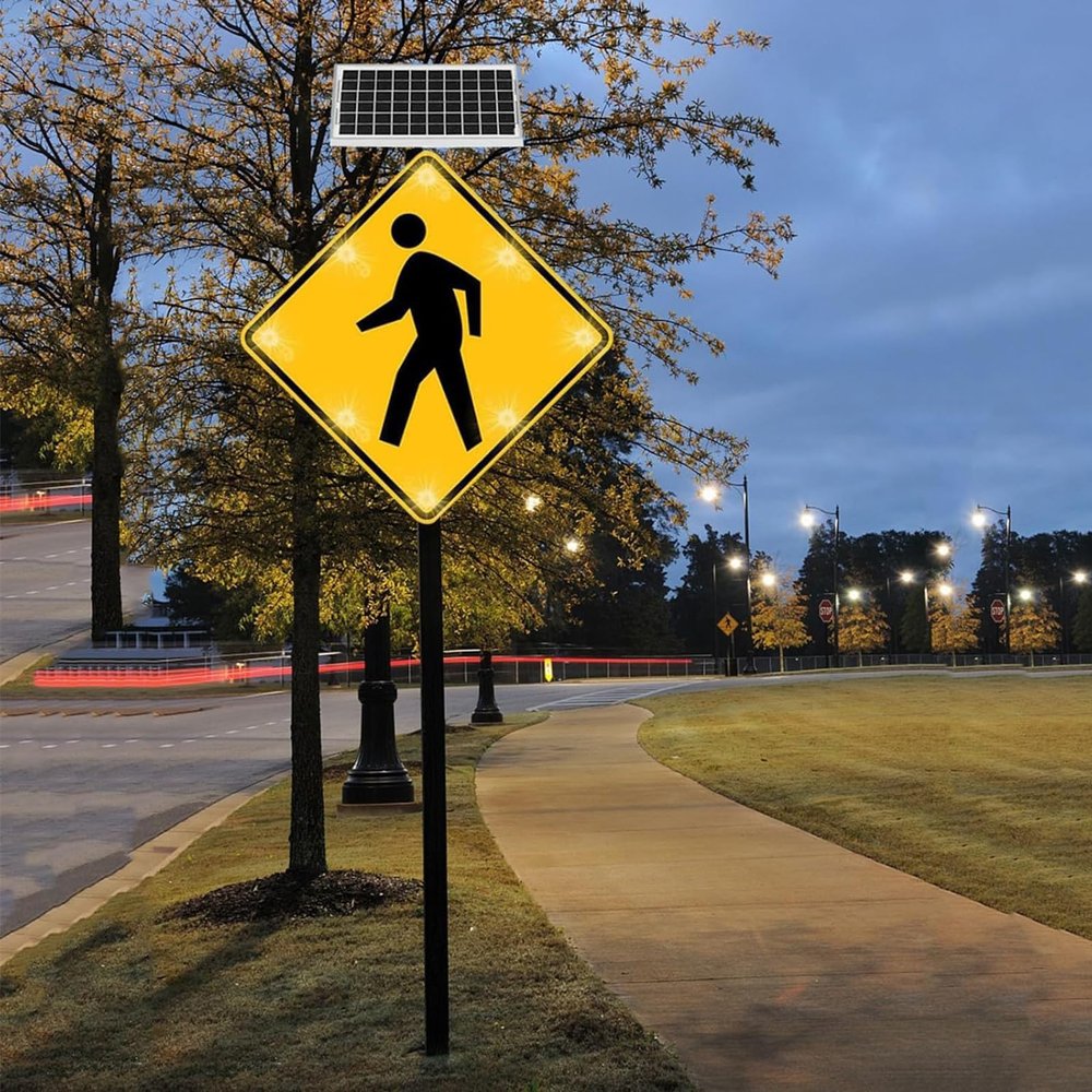 24"/30" Solar Powered Flashing Pedestrian Crossing Traffic Sign, Pedestrian Road Warning Signs Traffic, Solar Aluminum Warning Reflective Sign, IP65 Waterproof Road Safety Indicato