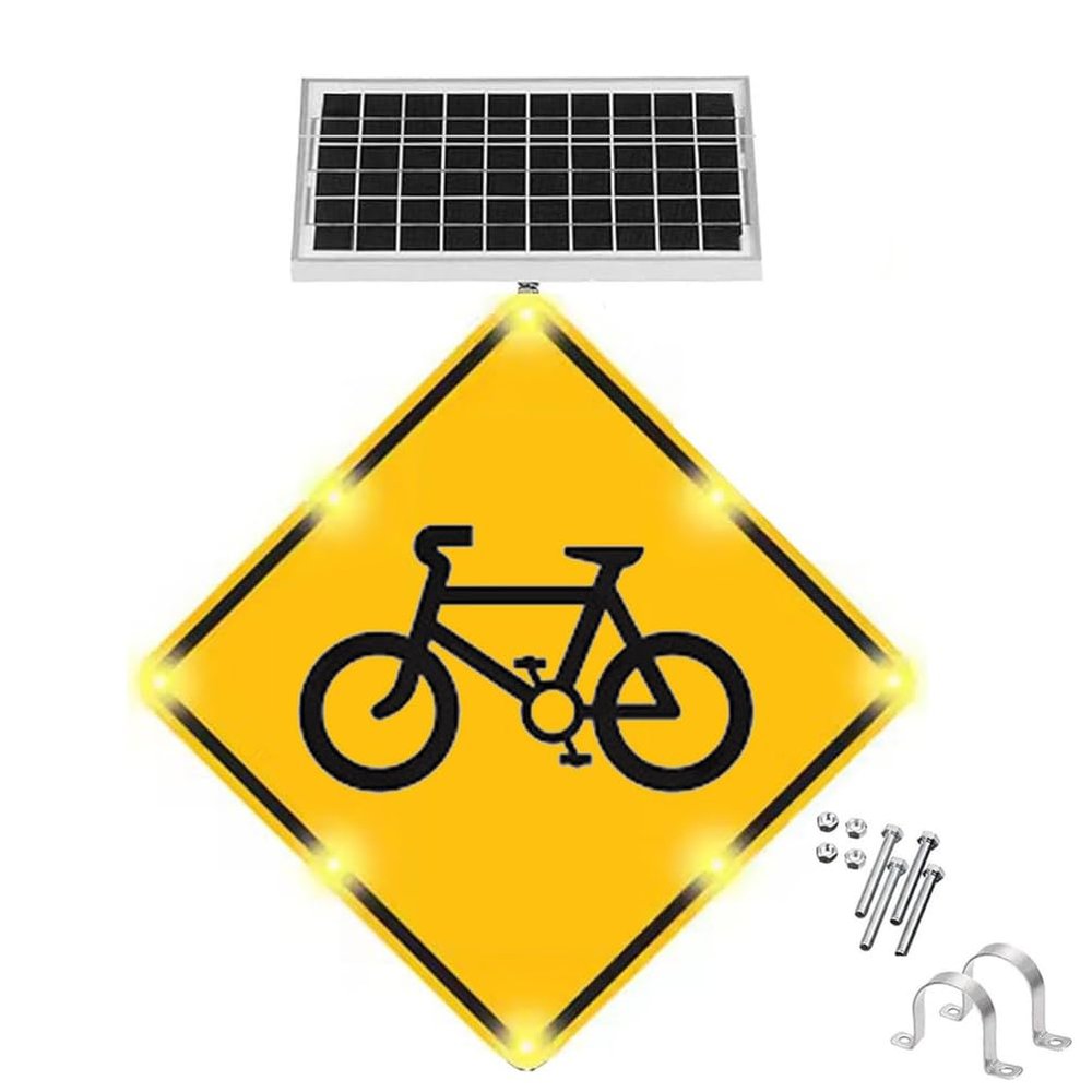 24'' Pedestrian Crossing Bicycle Sign Solar Powered LED Flashing Bicycle Sign, Aluminum Road Signs Traffic LED Blinking Street Warning Signs, Waterproof, Rust-Proof, Engineer Grade