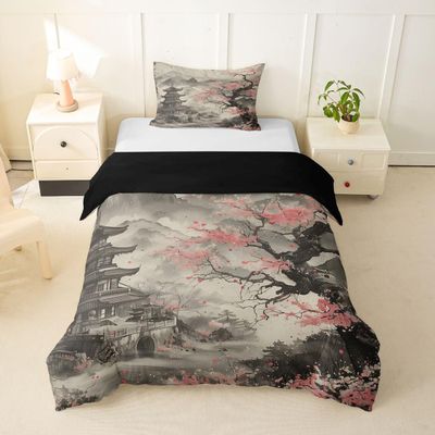 Erosebridal Vintage Japanese Art Toddler Comforter Cover Cherry Blossom Bedding Set Ink Painting Mountain Duvet Cover for Kids Boys Girls,Japan Ukiyo-E Bed Set