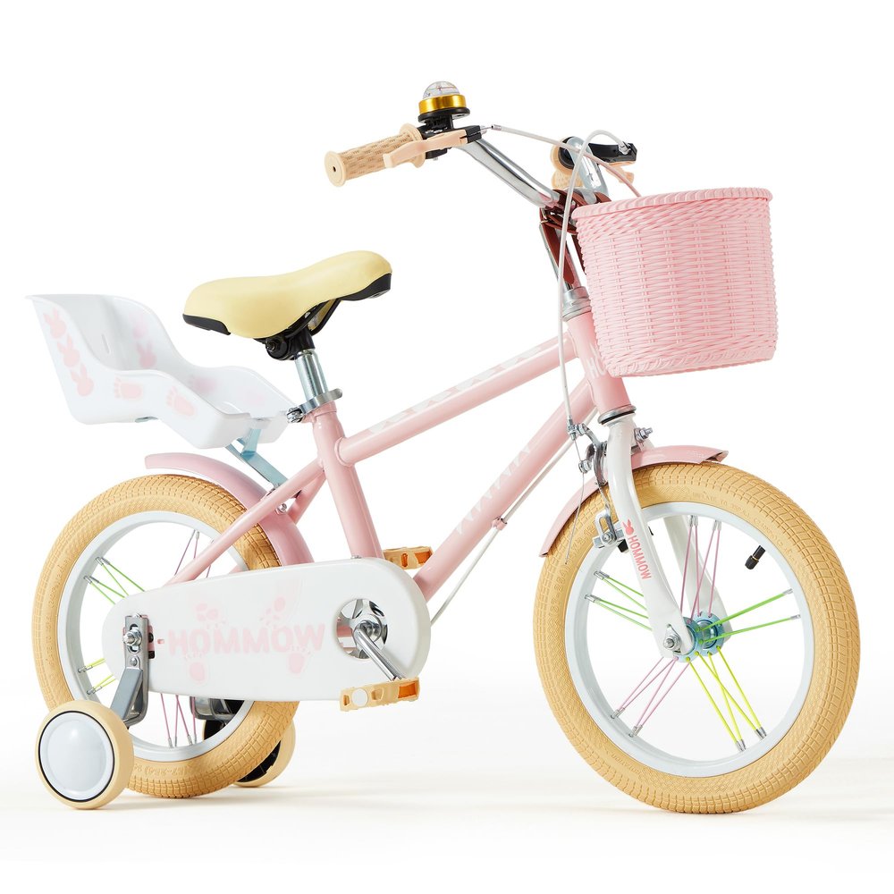 HOMMOW 14 Inch Kids Bike for Boys & Girls Ages 3-12, Kids Bicycle with Training Wheels, Basket, Streamers & Doll Seat, Dual Brake Children Bike,Pink