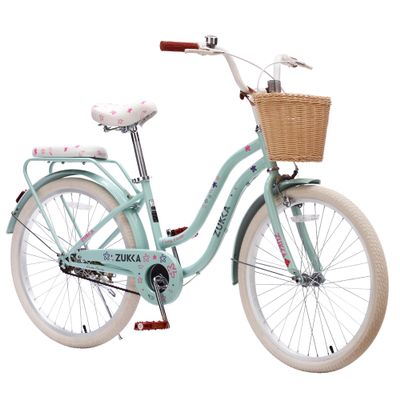 ZUKKA Kids Bike 24 Inch Girls Bike with Basket Single Speed Cruiser Bike Dual Brake System for Over 7 Years Old Kids, Multiple Colors (Green /24 Inch)