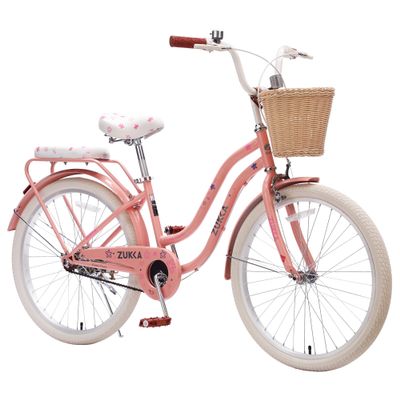 ZUKKA Kids Bike 24 Inch Girls Bike with Basket Single Speed Cruiser Bike Dual Brake System for Over 7 Years Old Kids, Multiple Colors (Peach Pink /24 inch)