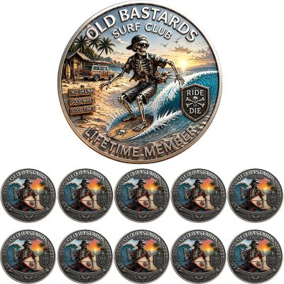The Eternal Surf Challenge Coin, Old Bastards Surf Club Coin, Surfing Skeleton Lifetime Member Collectible Coin, Summer Beach Surfer Coin for Surfers, Beach Lovers, Ocean Addicts (10pcs)