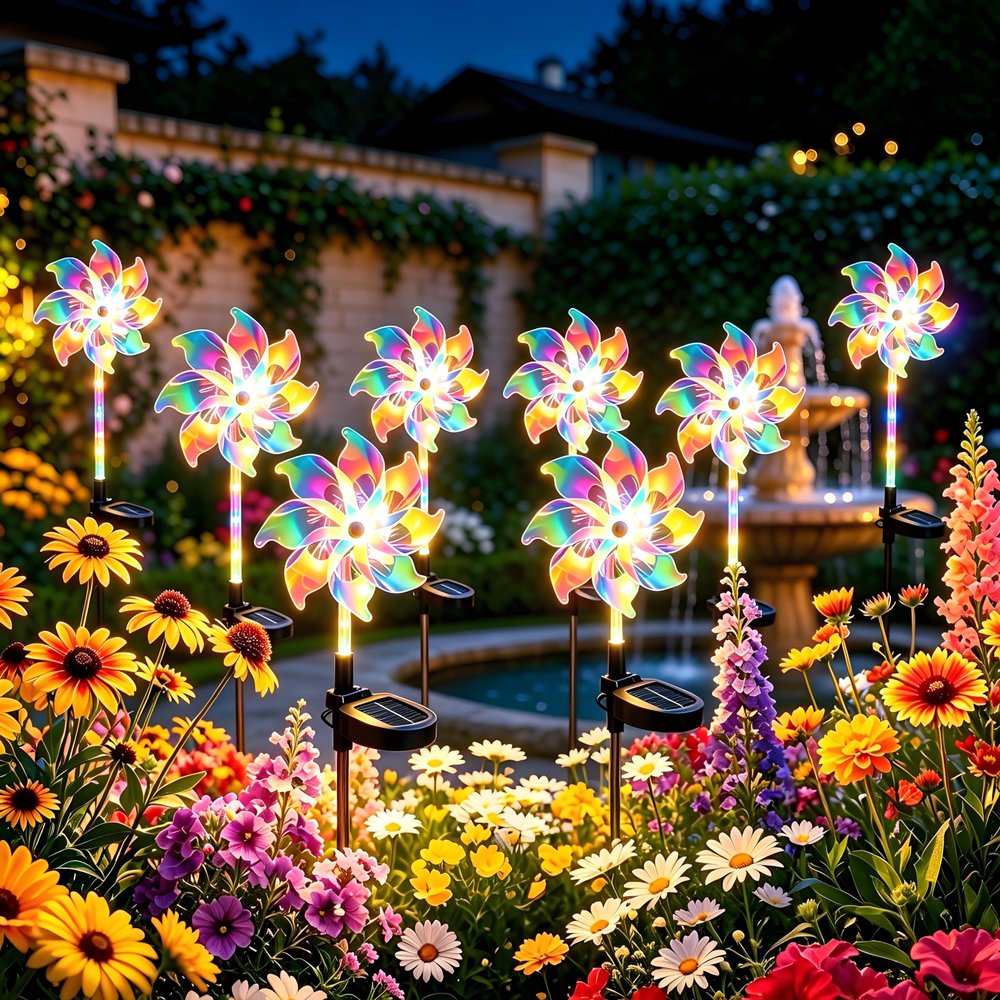 Magical Holographic Rainbow Solar Pinwheel Lights, Waterproof LED Windmill Garden Stake, Kinetic Wind Spinner Stake Outdoor Yard Dcor for Pathway Lawn Patio (8Pcs)