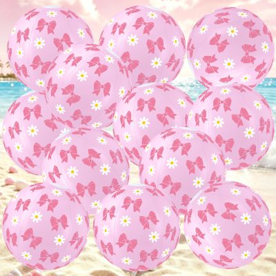 Sonwyoung 12 Pcs Pink Bow Beach Ball Bulk 12 Inch Thickened PVC Inflatable Beach Balls Summer Pool Blow up Toy Game for Outdoor Activity Games Coquette Birthday Party Favors Summer Party Supplies