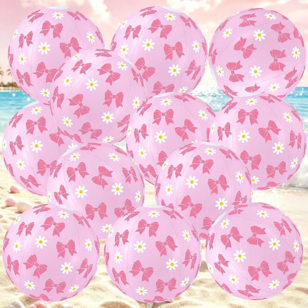 Sonwyoung 12 Pcs Pink Bow Beach Ball Bulk 12 Inch Thickened PVC Inflatable Beach Balls Summer Pool Blow up Toy Game for Outdoor Activity Games Coquette Birthday Party Favors Summer Party Supplies
