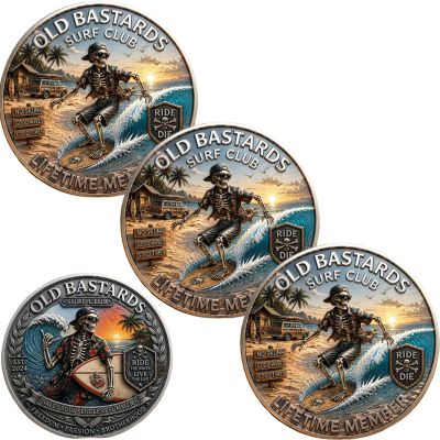 The Eternal Surf Challenge Coin, Old Bastards Surf Club Lifetime Member Coin, Skeleton Surfer Shaka Sign Ocean Wave Token, Freedom Passion Brotherhood Coins, Gift for Surfers Beach Lovers (3pcs)