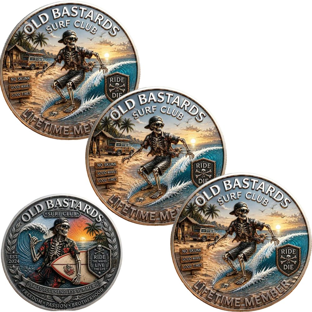 The Eternal Surf Challenge Coin, Old Bastards Surf Club Lifetime Member Coin, Skeleton Surfer Shaka Sign Ocean Wave Token, Freedom Passion Brotherhood Coins, Gift for Surfers Beach Lovers (3pcs)
