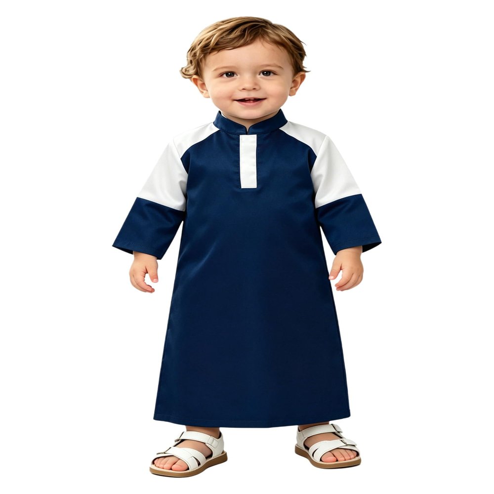 Linjinx Toddler Baby Boys Arabic Prince Cosplay Costume Robe Long Sleeve Muslim Kaftan Islamic Thobe for Eid Party Navy Blue 18-24 Months