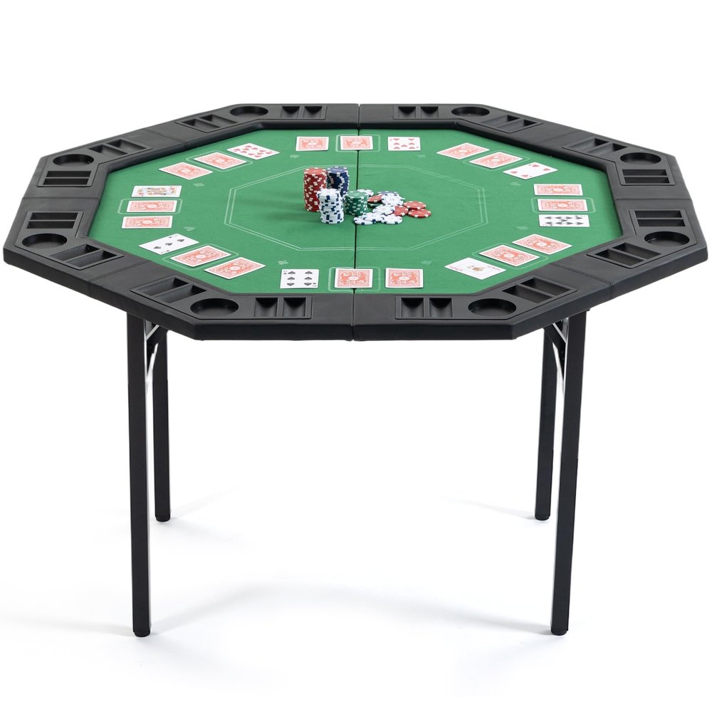 WENTUM Poker Table Foldable, 8-Player Octagon Poker Table with Chip Trays & Collapsible Legs, Folding Texas Holdem Game Table for Casino Leisure Game, Easy Assembly, Green