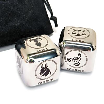 2Pcs/Set Metal 12 Constellation Dice Set, Laser Engraved 6-Sided Stainless Steel Big Zodiac Dices for Game Divination Accessory (Modern, Silver)